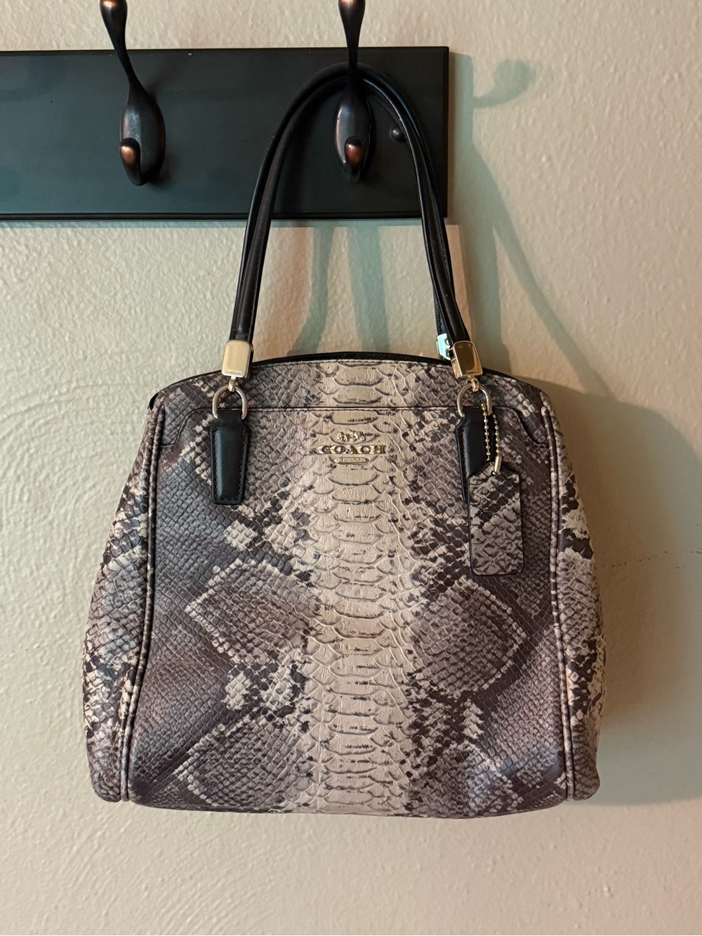 COACH Snake-Print Shoulder Bag in Gray/Brown and Black